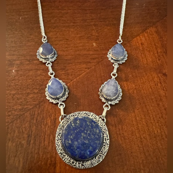 Lapis Lazuli Simulated Sapphire Gemstone Necklace Boho Handmade Jewelry 26 Gms - Picture 2 of 7